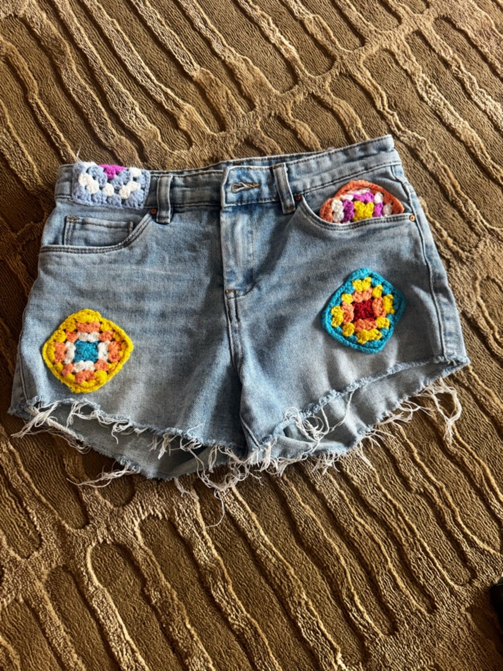 Light Blue Denim Crochet Patch Frayed Hem girls Shorts